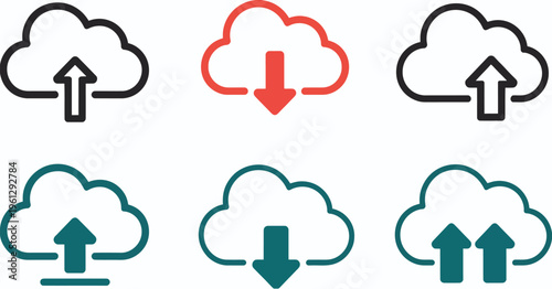 cloud computing vector icons, data upload download and synchronization symbols in clean line art design, technology and network motif for logo branding software apps and digital graphic projects.