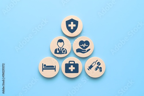 Wooden circles with blue icons represent health and medical care, including protection, doctors, hospitals, and medication, arranged pyramid-style for comprehensive wellness.