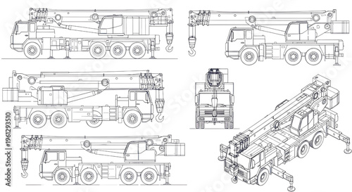 Full Detailed Crane Truck Blueprint Vector – Construction Lifting Machinery Multiview CAD Technical Drawing Navy Blue Outline