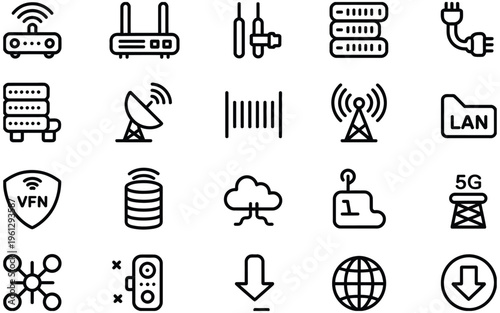 network and internet technology icon collection, minimalist router, server, cloud computing, and connectivity symbols in clean line art design, technology and digital motif for logo branding IT illust
