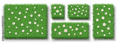 Set of banners, platforms with a lush grass texture and meadow flowers on a white background. Green lawn, grassy meadow. Elements for summer design. Vector EPS 10.