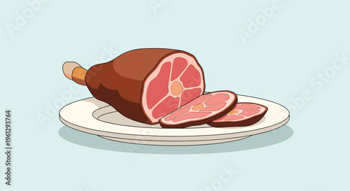 Traditional roasted glazed ham served on a white ceramic plate with several succulent slices ready for a festive holiday dinner.