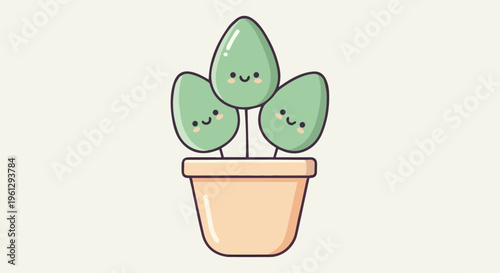 Vector illustration of a natural green cactus growing in a white flowerpot isolated on a plain background, symbolizing spring growth and gardening life