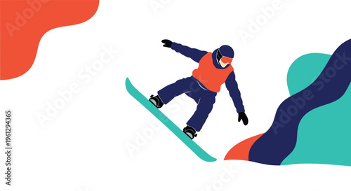 Action-packed illustration of a snowboarder performing a trick in mid-air with colorful abstract shapes in red, blue, and teal.