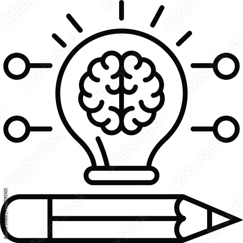 creative thinking icon vector, minimalist brain and lightbulb symbol in clean line art design, innovation and idea generation motif for logo branding illustration and digital graphic projects.