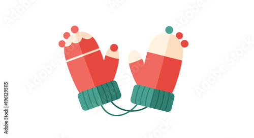 Cheerful pair of red and cream winter mittens with green cuffs and colorful dots connected by a string on a white background.