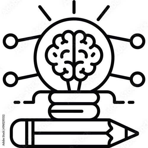 creative thinking icon vector, minimalist brain and lightbulb symbol in clean line art design, innovation and idea generation motif for logo branding illustration and digital graphic projects.