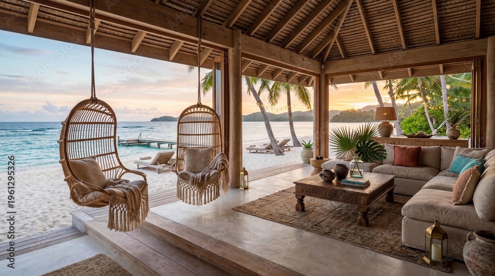 Fototapeta premium Luxurious Tropical Beach Villa Interior with Hanging Rattan Chairs and Ocean View at Sunset