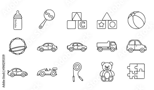 Cheerful children’s line art vector icons – toys, sports, and baby items isolated on white