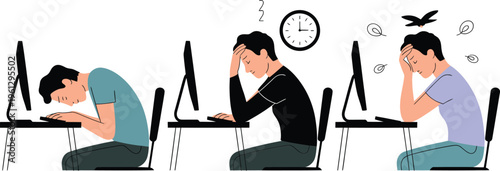 Stressed employees feeling burned out while working overtime on computers, mental health concept illustration, flat design