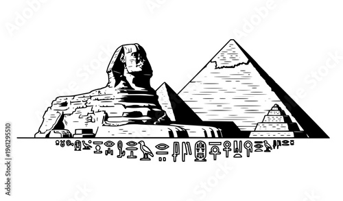 Great Sphinx silhouette vector illustration with pyramid and Egyptian hieroglyphs on white background
