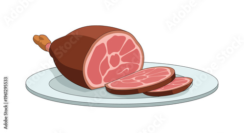 Appetizing roasted glazed ham displayed on a white plate with thick slices cut and ready for serving at a family dinner.