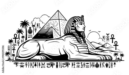Majestic Egyptian Sphinx lion silhouette vector with pyramid and decorative hieroglyphs isolated on white