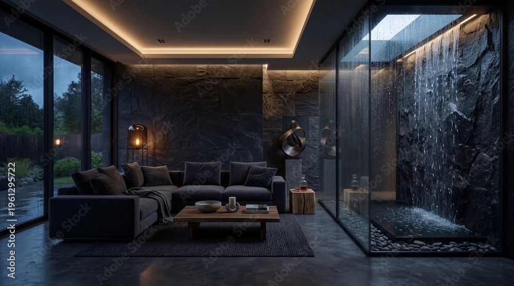 Fototapeta premium Luxury modern living room interior with indoor glass waterfall feature and dark stone walls at night