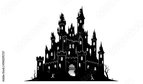 Creepy ruined castle silhouette vector illustration with crumbling towers isolated on white