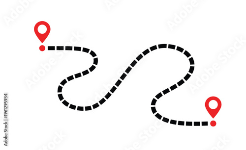 Winding dashed line connecting two red map pins, illustrating a journey or route.