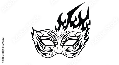 Bold black and white tribal mask design featuring intricate flame-like patterns and eye openings for a dramatic and mysterious look.