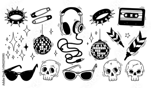 Funky punk music and party doodle vector illustration with headphones, cassette, disco ball, and skulls