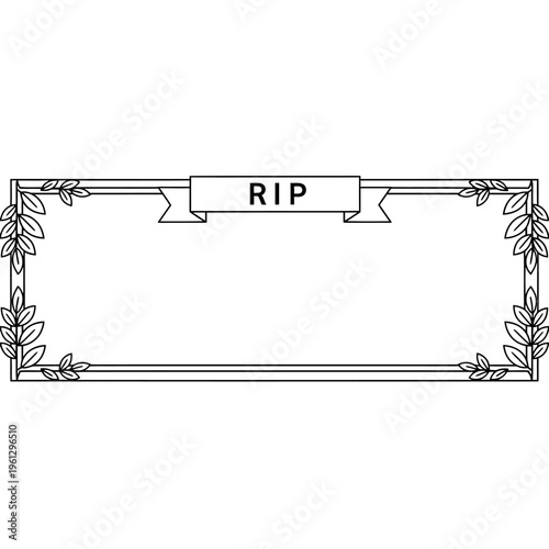 Simple black and white line art illustration of a rectangular memorial frame with 'RIP' banner and leaf decorations.