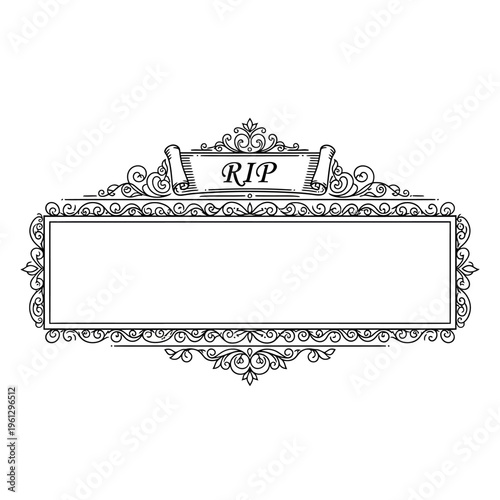 Ornate vintage memorial frame with 'RIP' banner, featuring intricate scrollwork and elegant design, suitable for obituaries or remembrance.