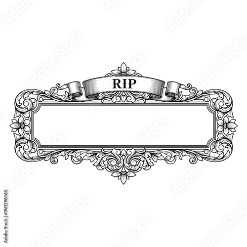 Ornate vintage memorial frame with "RIP" banner and intricate scrollwork design.
