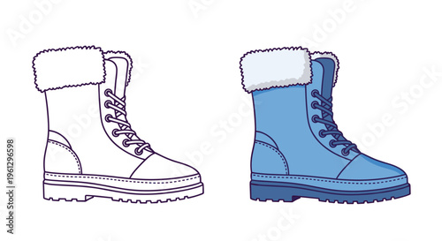 Pair of winter snow boots with one shown as a black and white outline and the other in light blue with white fluffy fur lining.