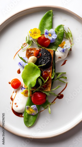 A vibrant gourmet dish garnished with edible flowers and artistic plating, showcasing culinary creativity and fine dining aesthetics. Generative AI image
