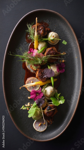 Gourmet plating with vibrant edible flowers. Emphasizing artistic food styling and refined culinary techniques. Generative AI image