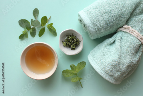 The concept of spa care, relaxation, care and beauty about your body. A set of skin care products. Top view, flat lay. Generative AI image