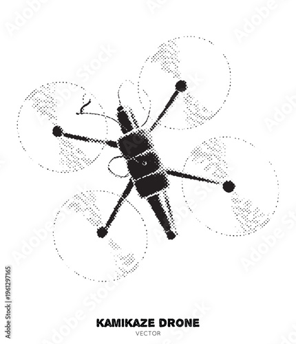 FPV drone. Isolated element handdrawn with ink. Pointillism, dotted