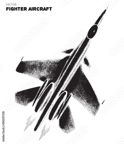 Fighter jet. Isolated element handdrawn with ink. Pointillism, dotted