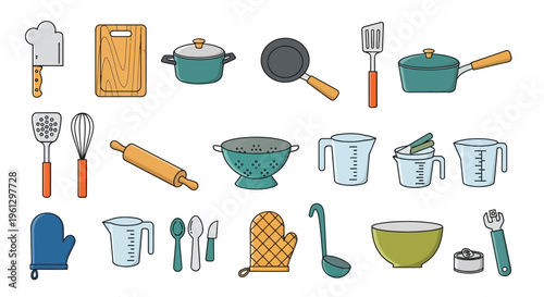 Collection of kitchen utensils and cookware.