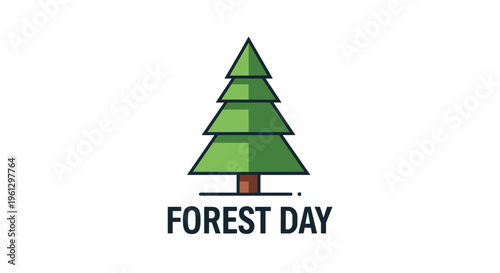 Simple Forest Day illustration featuring a stylized green pine tree with a brown trunk on a white background for environmental awareness.