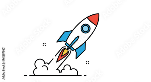 Vibrant illustration of a colorful rocket ship launching upwards with smoke and flames in a playful and energetic graphic style.