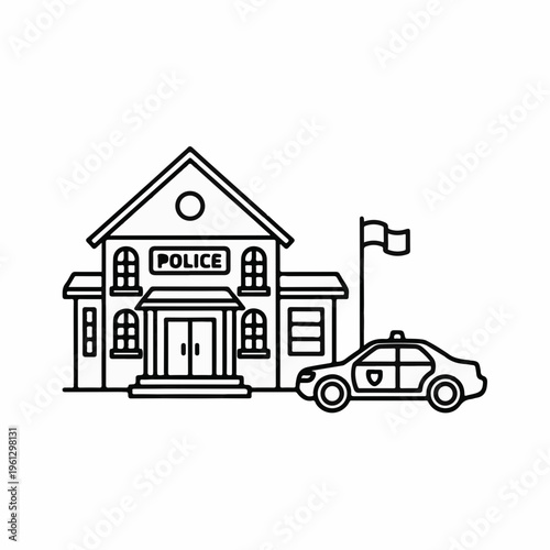 Minimalist police station building vector icon, black and white police department architecture with patrol car, law enforcement facility illustration