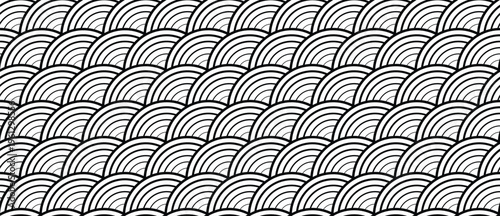 Seigaiha Wave Pattern, Seamless Black and White Oriental Geometric Background with Linear Arches for Minimalist Textile and Wallpaper Design