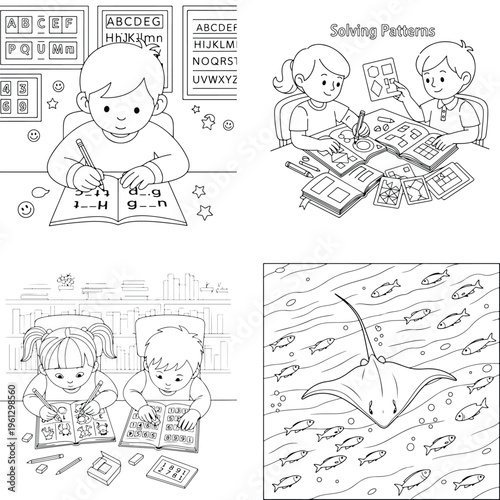 Children studying and playing board games, boy writing, fish in water, black and white