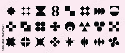 Set of Minimalist Brutalist Geometric Shapes and Abstract Vector Icons, Black Modern Y2K Aesthetic Elements for UI Design, Logo Creation, and Graphic Patterns