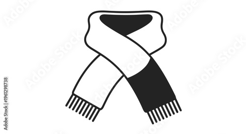 Scarf line art illustration shows a folded winter accessory with black and white segments and fringe at the ends in a minimalist style.