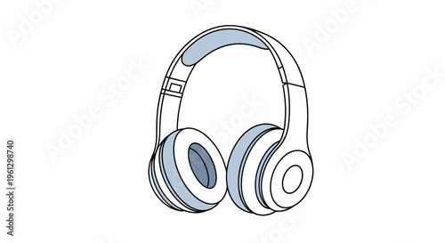 Wireless headphones line drawing features a modern over-ear audio device with soft blue padding and black outlines against a white background.