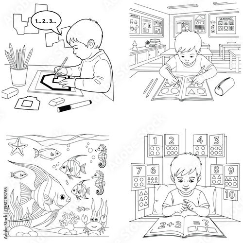Young boy engaged in schoolwork and study activities in multiple scenes with thought bubble