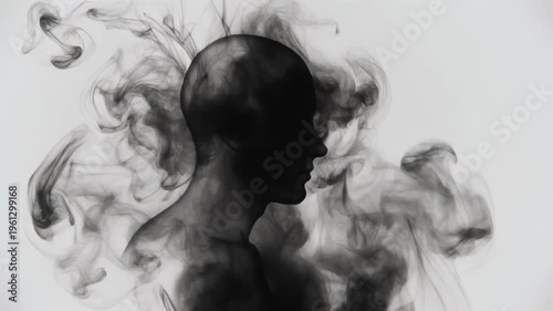 Silhouette of a man's head with swirling smoke, indoors, in a studio setting, with a plain background, used for artistic or conceptual purposes