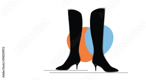 Fashion concept illustration features silhouettes of black high-heeled boots against a background of large overlapping orange and blue circles.