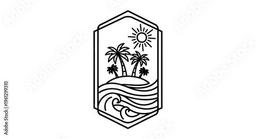 Vertical Hexagonal Line Art Beach Logo with Palm Trees, Sun, and Ocean Waves, isolated white background