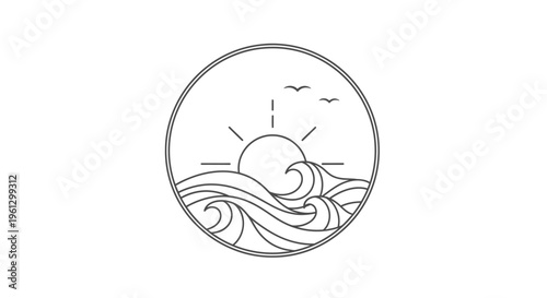 Circular Line Art Emblem with Rising Sun, Ocean Waves, and Flying Birds on an Isolated White Background.