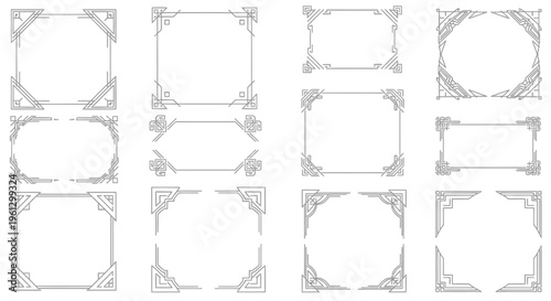 Set of Diverse Decorative Frames and Borders in Line Art Style, isolated white background