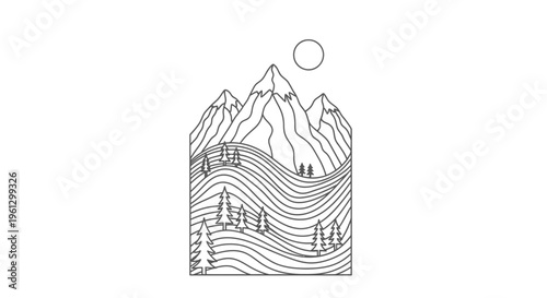 Minimalist Line Art Mountains and Pine Forest with Wavy Lines and Sun in an Arch-shaped Frame on an Isolated White Background.