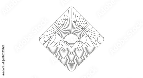 Diamond Shaped Line Art Logo with Mountains, Sun Rays, and Ocean Waves, isolated white background