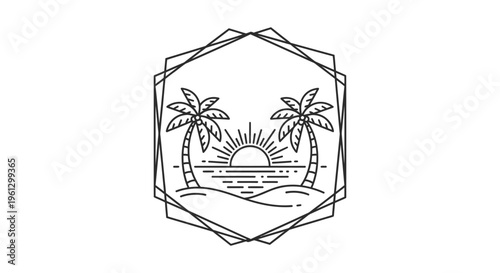Hexagonal Line Art Beach Logo with Palm Trees, Sun, and Ocean Waves, isolated white background