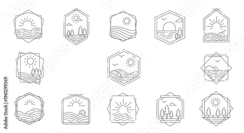 Set of Hexagonal Line Art Nature Adventure Logos with Mountains, Sun, and Waves, isolated white background